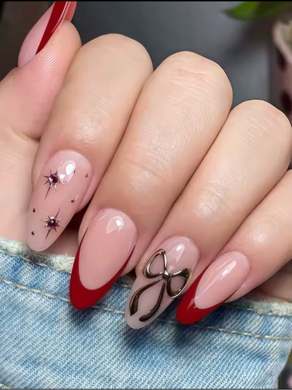 Nude & Red French Tip Gel Nail Set with Bow Accent